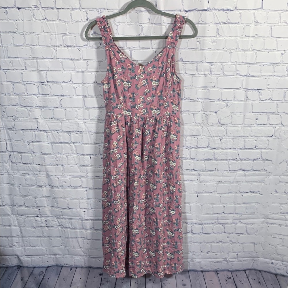 Dip Womens Linen Blend Floral Midi Dress Pink Sz XS Cottagecore Summer Milkmaid